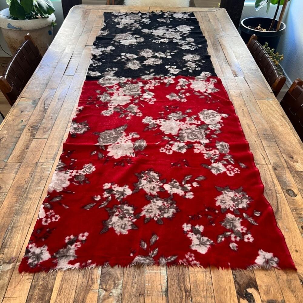J.Jill Wool Scarf Red Black Split Color Floral Motif 70" x 23.5"
